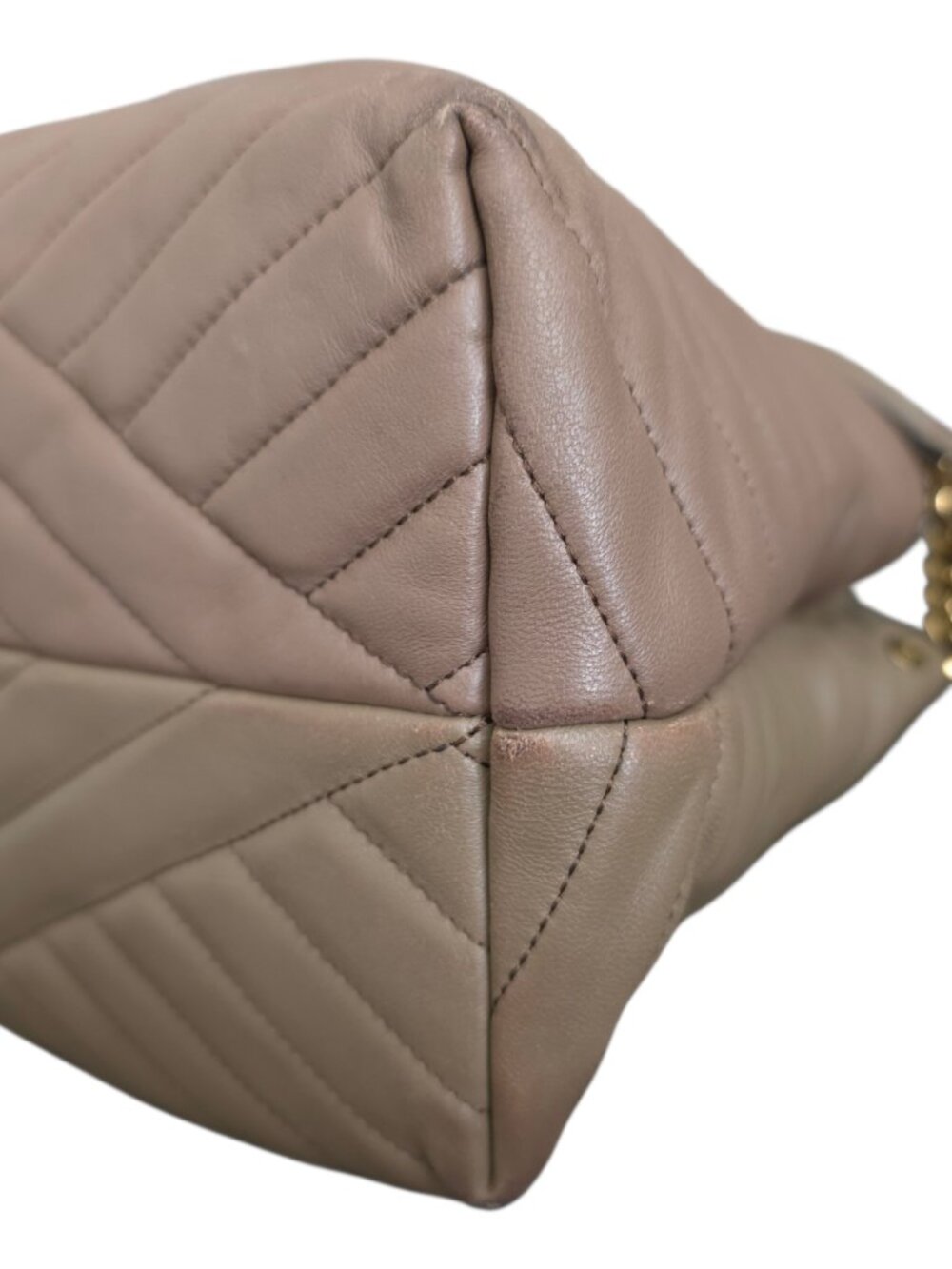Tory Burch Kira Chevron Tote Bag Taupe Beige Leather Quilted Chain - Picture 11 of 12